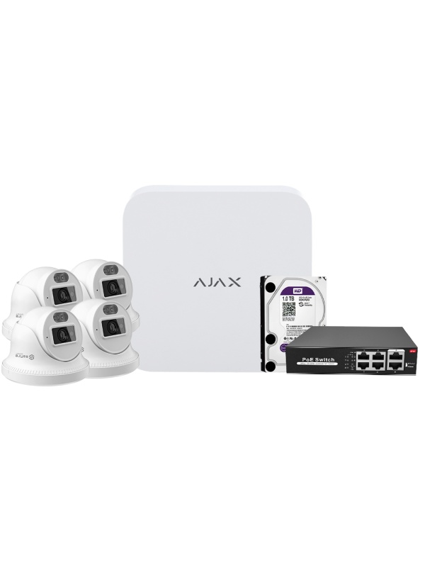 Kit de videovigilância Ajax - Gravador Ajax de 8 canais - 4 câmaras turret de 4 Mpx Safire Smart DualLight - Switch PoE de 4 canais - Um disco rígido de 1 TB - Integração ONVIF