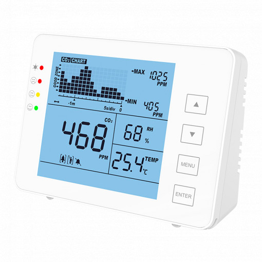 Medidor de CO2, temperatura e humidade - Com alarme visual e sonoro programável pelo utilizador - Registo de valores máximos/mínimos - Faixa de medição de CO2 0~5000 ppm - Capacidade para armazenar dados até 1 semana - Alimentado por USB