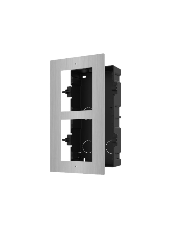 Painel frontal e caixa de registro encastrada - Até 2 módulos - Específico para video porteiros Hikvision - Compatível com os módulos Hikvision - Caixa de plástico - Painel fabricado em aço inoxidável