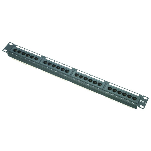 Patch panel de 24 portas UTP/RJ45 - Formato rack - Admite cabos até CAT6 - Tamanho 1U para facilitar a instalação - Dual IDC: 110 IDC e Krone IDC - Conexão rápida e simples