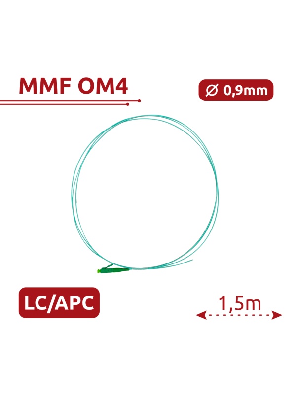 Pigtail de fibra ótica - Fibra multimodo OM4 - Conector LC APC simplex - Comprimento 1.5m - Coberta LSZH - Compatibilidade genérica