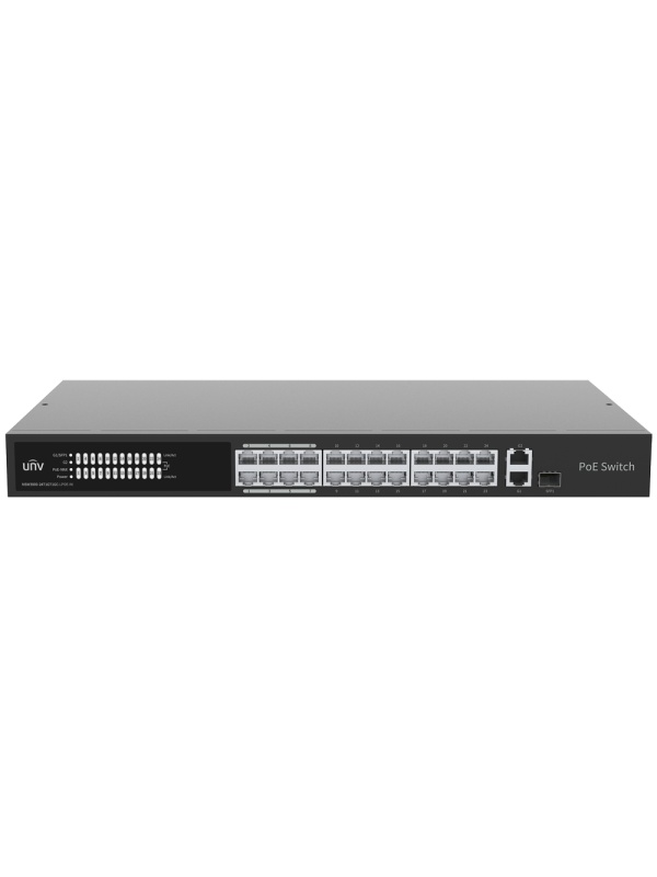 Uniview Switch PoE Cloud Administrável - 24 PoE802.3af/at + 1 uplink RJ45 +1 uplink Combo - 24 RJ45 FE + 2 RJ45 GE + 1 SFP - 30W por porta 802.3af/at / Máximo 250W - VLAN/Isolamento de portas/Detecção de loop - Limite de velocidade da porta