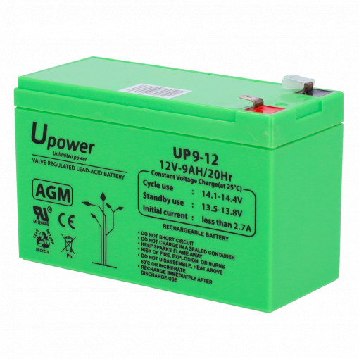 Upower - Bateria recarregável - Tecnología chumbo ácido AGM - Tensão 12 V - Capacidade 9.0 Ah - 95 x 151 x 65 mm / 2660 g - Para backup ou utilização directa