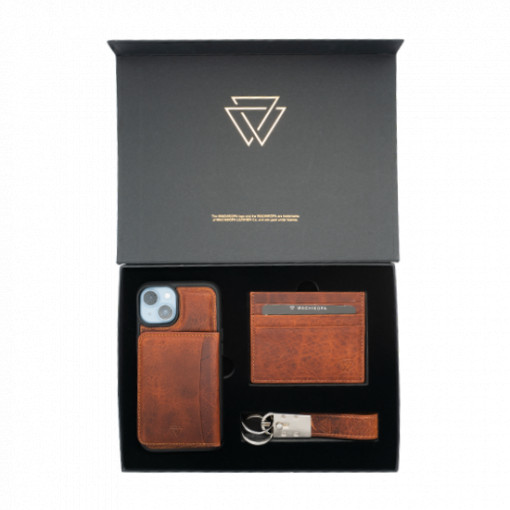 Wachikopa Premium Box Set *iPhone 14 Case with Kickstand Card Holder + Leather Keyring + Leather Wallet - Brown