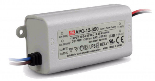 202233.91 - Drive CC Led Mean Well IP42 9-36Vdc 350mA APC-12 Ideal para Paineis de 3W a 12W - Quant. fornecida = 1 un