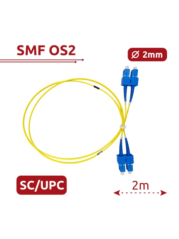 Cabo de ligação de fibra ótica - Fibra monomodo OS2 - Conector SC UPC duplex - Comprimento 2m - Coberta LSZH - Compatibilidade genérica