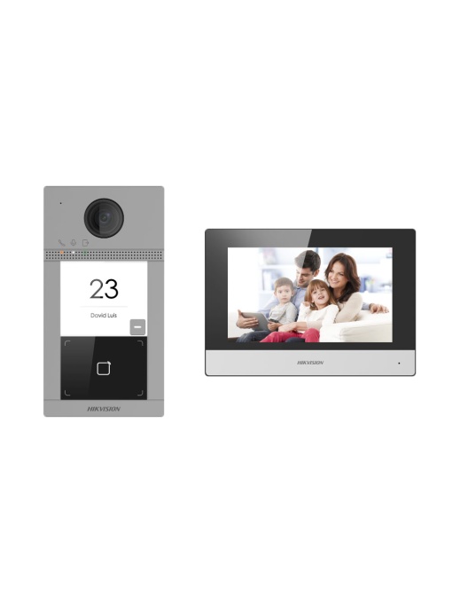 Kit de videoporteiro com dois relés - Tecnologia IP &amp; WiFi - Placa e monitor | Permite 16 monitores mais - Leitor MF | PoE - Aplicação móvel com P2P | Relés internos no monitor - Montagem à superfície IP65, IK08