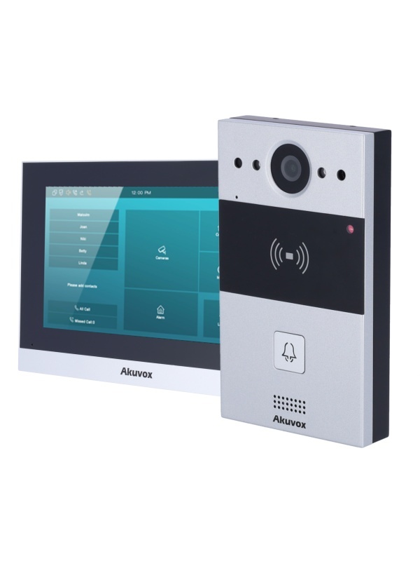 Kit de videoporteiro Linux - 2 fios &amp; WiFi | Placa &amp; monitor - Áudio bidireccional Crystal Clear - Leitor EM/MF e NFC - 1 Saída de relé | Antivandalismo - Conexão através da cloud