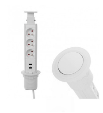 LIFTBOX Bloco de tomadas aço escovado 3x tomada francesa 2x USB 1,8M CABO