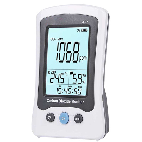 Medidor de CO2, temperatura e humidade - Com alarme visual e sonoro programável pelo utilizador - Registro de valor máximo / mínimo / médio - Faixa de medição de CO2 400~5000 ppm - Cálculo da média ponderada no tempo - Alimentação a bateria