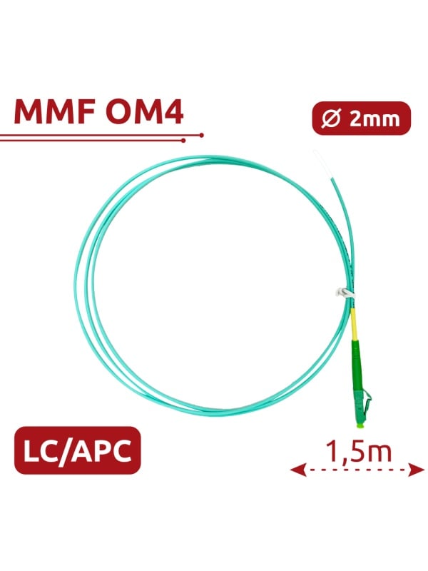 Pigtail de fibra ótica - Fibra multimodo OM4 - Conector LC APC simplex - Comprimento 1.5m - Coberta LSZH - Compatibilidade genérica
