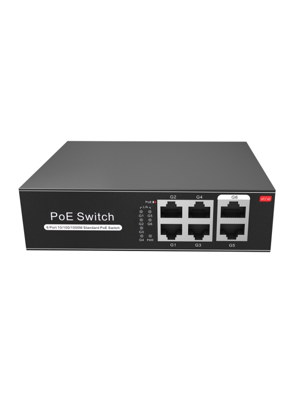 Switch PoE - 4 portas PoE + 2 Uplink RJ45 - Velocidade até 1000 Mbps em todas as portas - Até 60W no total para todas as portas - Largura de banda 12 Gbps - Padrão IEEE802.3af (PoE) / at (PoE+)