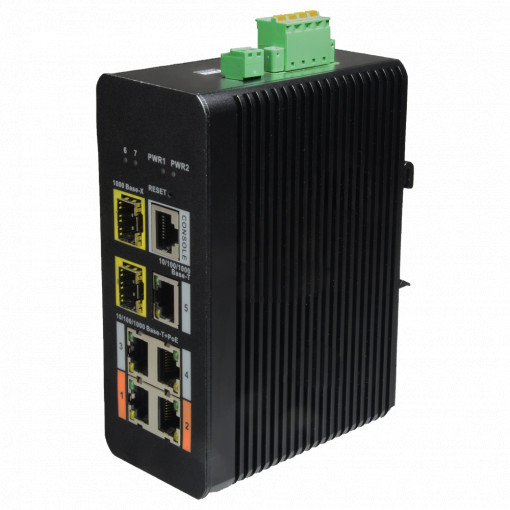 Switch PoE X-Security Carril DIN - 5 porta PoE RJ45 + 2 porta SFP de fibra - Velocidade 10/100/1000 Mbps - 90W porta 1-2 / 30W porta 3-5 / Máximo 120W - Hi-PoE / IEEE802.3at PoE+ / af PoE / IEEE802.3bt - VLAN/STP/RSTP/MSTP/LACP/StaticLAG/QoS/LoopDetect