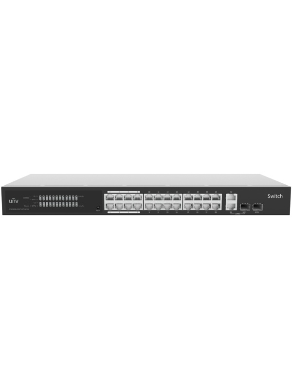 Uniview Switch PoE Cloud Administrável - 24 RJ45 GE + 2 uplink RJ45 GE +2 SFP - VLAN/Isolamento de portas/Detecção de loop - Limite de velocidade da porta
