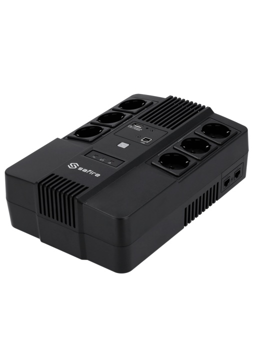 UPS monofásica line-interactive - Potencia 600VA/360W - Entrada 220~240 Vac /Saída 230 Vac - 6 saídas SAI/UPS protegidas - Tempo de recarga 6~8 h - Bateria de chumbo-ácido selada (incluída)