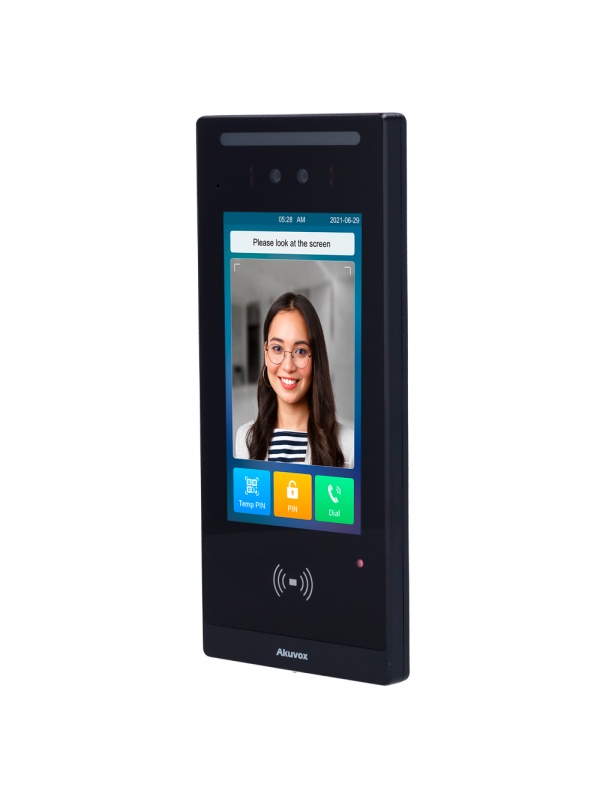 Videoporteiro com controlo de acesso - Câmara 2 Mpx : Áudio e vídeo bidirecionais - Facial, cartão, NFC, BLE, QR e PIN | 2 relés - 20.000 utilizadores | PoE, SIP padrão - Ecrã IPS 7" táctil | Manutenção Cloud - Ligação de monitor e placas via Cloud