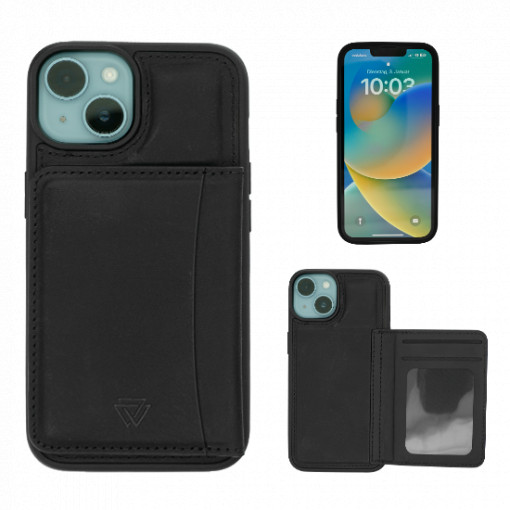 Wachikopa Case with Kickstand Card Holder *Natural Genuine Leather* for iPhone 14 Plus - Black