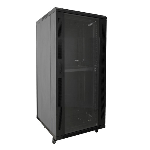 Armário rack para chão - Até 18U rack de 19" - Até 800 Kg de carga - Com ventilação e guarnições para cabos - 2 ventiladores, 2 tabuleiros e extensão 6 tomadas - É vendido desmontado