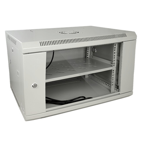 Armário rack para parede - Até 6U rack de 19" - Até 60 Kg de carga - Com ventilação e guarnições para cabos - Ventilador e bandeja incluídos - Extensão de 6 fichas incluída