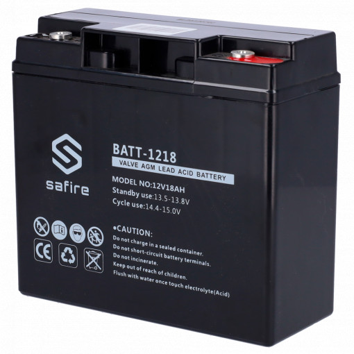 Bateria recarregável - Tecnología chumbo ácido AGM - Tensão 12 V - Capacidade 18 Ah - 168 x 181 x 77 mm / 5600 g - Para backup ou utilização directa