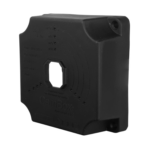 Caixa de conexão para câmaras dome e bullet - Apto para uso exterior - Instalação em tecto ou parede - Vedação completa com tampas CamBox - Cor preto - Fabricado em plástico
