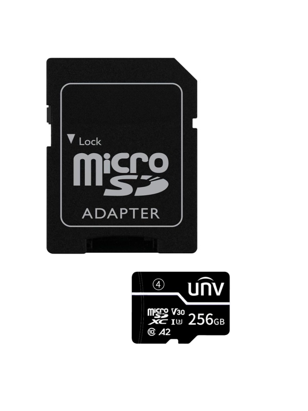 Cartão de memória com adaptador Uniview - microSD | Capacidade 256 GB - Classe 10 | Velocidade de escrita 35 MB/s - Até 500 ciclos de escrita - Formato exFAT - Ideal para telemóveis, tablets, etc.