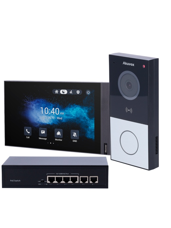 Kit de entrada de vídeo de superfície de porta Linux - IP &amp; WiFi | Placa e monitor - Áudio bidireccional Crystal Clear - Leitor MF, NFC e BLE | padrão PoE - 1 saída de relé - Conexão através da cloud