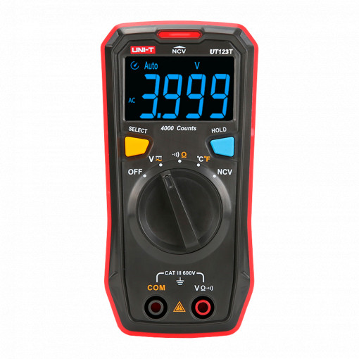 Multímetro digital de bolso - Ecrã EBTN de até 4000 contas - Medição de tensão em DC e AC até 600V - Alta precisão em AC com função True RMS - Medição de resistência e temperatura - Buzzer para teste de continuidade : função NCV