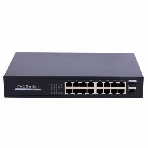 Switch PoE - 16 portas RJ45 + 2 SFP Uplink - 16x 10/100/1000Mbps + 2x 10/100/1000Mbps - 16 Portas PoE 802.3af/at a 30W por porta - Potência PoE total 250W - Pode ser montado em rack