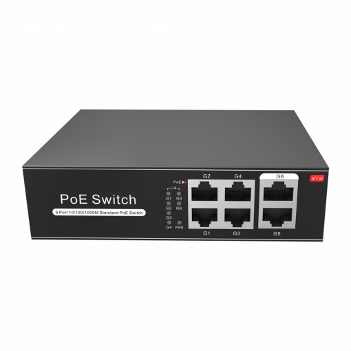Switch PoE - 4 portas PoE + 2 Uplink RJ45 - Velocidade até 1000 Mbps em todas as portas - Até 60W no total para todas as portas - Largura de banda 12 Gbps - Padrão IEEE802.3af (PoE) / at (PoE+)