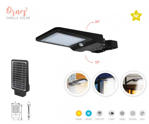 201635001 - 8433373063457Poste solar LED Ornes com crepúsculo e sensor de movimento 8W 4000K IP65