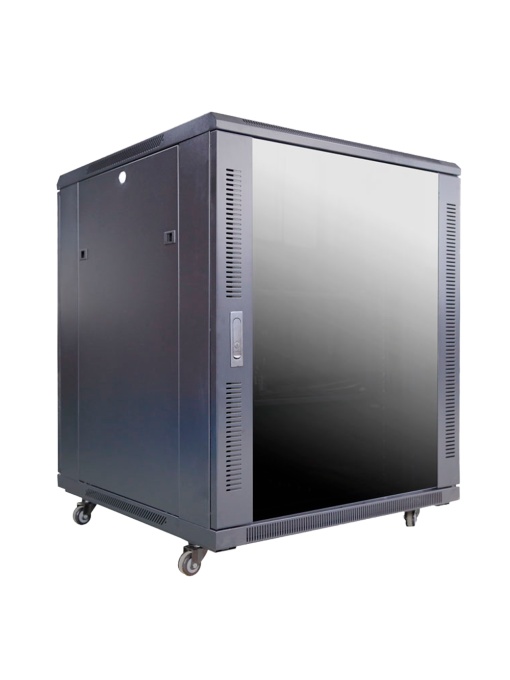 Armário rack para chão - Até 18U rack de 19"(800*800) - Até 800 Kg de carga - Com ventilação e guarnições para cabos - 4 ventiladores, 2 tabuleiros e PDUs 6 tomadas - É vendido desmontado