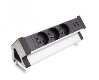 Bloco de tomadas de canto alumínio 3 x tomada francesa 2x USB