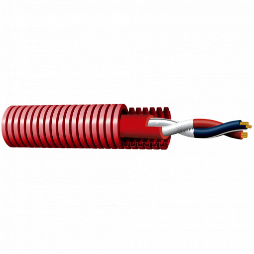 Cabo especial para sistemas de protecção contra incêndios - Par trançado pré-cablado em tubo corrugado 16mm - Condutor Cobre Flexível Classe 5 - Bobine de 100 metros - Isento de halogéneos - Certificado de CPR Cca -1sb, a1, d1