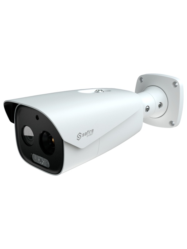 Câmara térmica Dual Bullet IP Safire Smart - Sensor térmico 12 μm 640x512 VOx | Lente 25 mm - Sensor óptico 1/2.7” 5 Mpx | Lente 12 mm - Sensibilidade térmica ≤ 35mK - IA baseada na classificação humana e de veículos - Taxa de medição do tempo -20~150ºC /