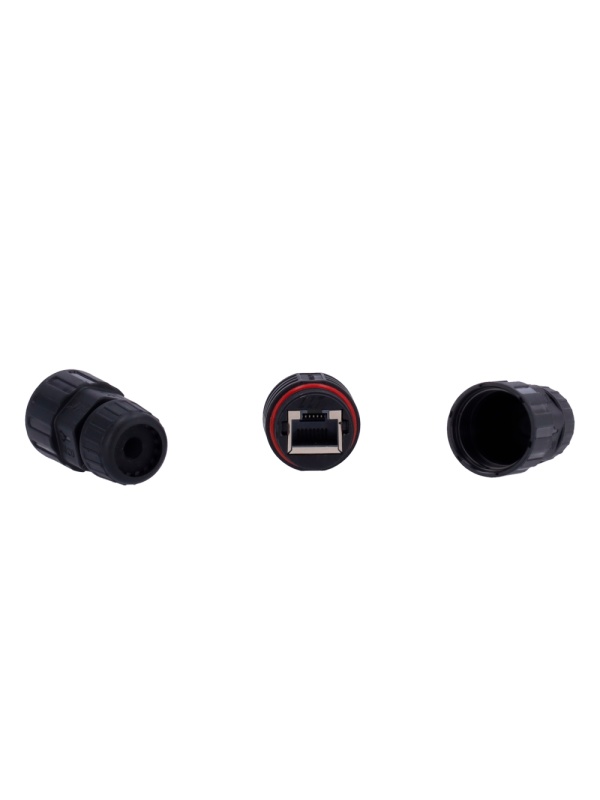 Conector com racor industrial - Conector entrada RJ45 - Conector saída RJ45 - Compatível UTP CAT 6 - IP68 - Cor preto