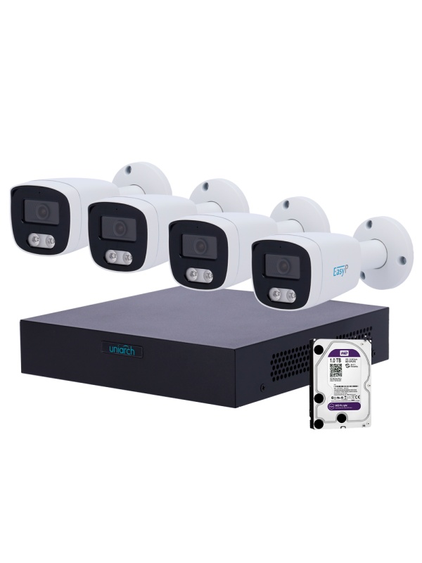 Kit de Videovigilância Uniarch - NVR 8 Canais IP | 1 TB HDD - 4 Câmaras bullet IP67 - Plug &amp; Play | UMD | PoE - Deteção de pessoas e veículos - Interfaz WEB, CMS, Smartphone e NVR