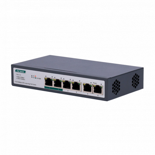 Switch PoE - 4 portas PoE+ FE + 2 FE Uplink - Velocidade 4 x10/100Mbps + 2 x10/100Mbps - 2 portas PoE para até 800m com acessório - Até 60 W de potência PoE total - Padrão IEEE802.3at PoE / af PoE+