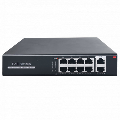Switch PoE - 8 portas RJ45 + 2 RJ45 Uplink - Velocidade da porta 10/100/1000 Mbps - 8 Portas PoE 802.3af/at a 30W por porta - Potência PoE total 120W - Plug and Play