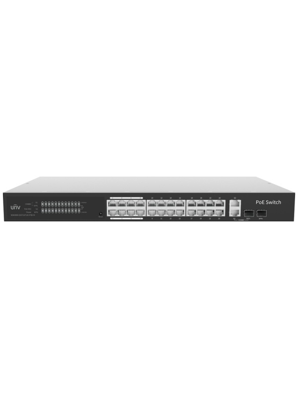 Uniview Switch PoE Cloud Administrável - 24 PoE802.3af/at + 2 uplink RJ45 + 2 SFP - 24 RJ45 FE + 2 GE + 2 SFP - 30W por porta 802.3af/at / Máximo 370W - VLAN/Isolamento de portas/Detecção de loop - Limite de velocidade da porta