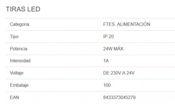 001504527 - 8433373045279Fonte de alimentação de fita LED em 24V 24W