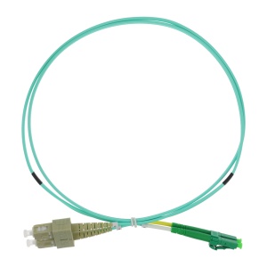 Cable de conexión de fibra óptica dúplex - Fibra multimodo OM4 de alta velocidad - Conectores híbridos LC APC y SC UPC - Longitud exacta de 1 metro - Cubierta exterior LSZH color Aqua - Compatibilidad de uso genérica universal