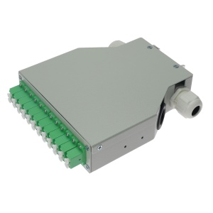 Caixa de distribuição de fibra para calha DIN - Inclui 12 adaptadores LC dúplex pré-instalados - Polimento APC para baixa perda de sinal ótico - Tabuleiro de ligação interna integrado - É fornecido vazio, sem pigtails incluídos - Superfície exterior resis