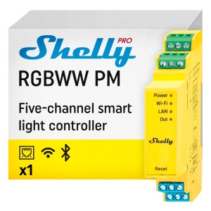 Controlador Shelly Pro RGBWW PM - Wi-Fi 2.4 GHz IEEE802.11 b/g/n / Bluetooth / Lan - Atenuador inteligente para calha DIN - Alimentação 12-24 VDC - Medidor de potência - Compatível com Alexa e Google