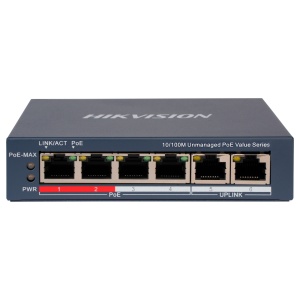 Desktop Switch da Hikvision - 4 Portas PoE + 2 Porta Uplink (RJ45) - Velocidade 10/100 Mbps - Até 45W no total para todas as portas - Compatível com PoE IEEE802.3af/at