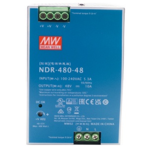 Fonte de alimentação industrial - Saída DC 48 V 10 A / 480 W - 2 saídas DC - Voltagem entrada 100 V ~ 240 V - Dimensões: 63mm x 125.2mm x 113.5mm - Montagem em carril DIN