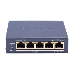 Hikvision Indoor POE extender Switch - Amplo alcance alimentação POE - 4 portas PoE Out + 1 porta PoE IN - IEEE 802.3 af/at/bt - Potência máxima de saída 60 W - Portas 10/100/1000 Mbps