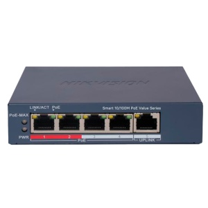 Hikvision Switch PoE Gerível - 4 Portas PoE 802.3af/at + 1 Uplink - Velocidade 10/100 Mbps em cada porta - Potência de 30W por porta / Máximo 60W - Transmissão de longo alcance até 300m - PoE Watchdog para reinicialização automática das câmaras