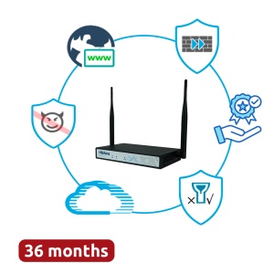 Hillstone Networks Bundle - Hardware + 36 meses de serviços completos - Conectividade Wi-Fi AC integrada - 1Gbps FW / 0.4Gbps NGFW Throughput - 5 portas 10/100/1000BASE-T + 1 portas 1GE SFP - Inclui IPS, AV, URL, QoS, IPR, C2 e Sandbox