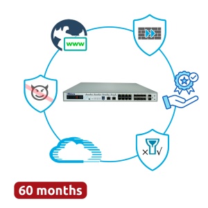 Hillstone Networks Bundle - Hardware + 60 meses de serviços completos - Portas 2xSFP+ (10G), 8xSFP e 8xGE - 16Gbps FW / 2.6Gbps NGFW Throughput - Fonte de alimentação redundante Dual AC - Inclui IPS, AV, URL, QoS, IPR, C2 e Sandbox